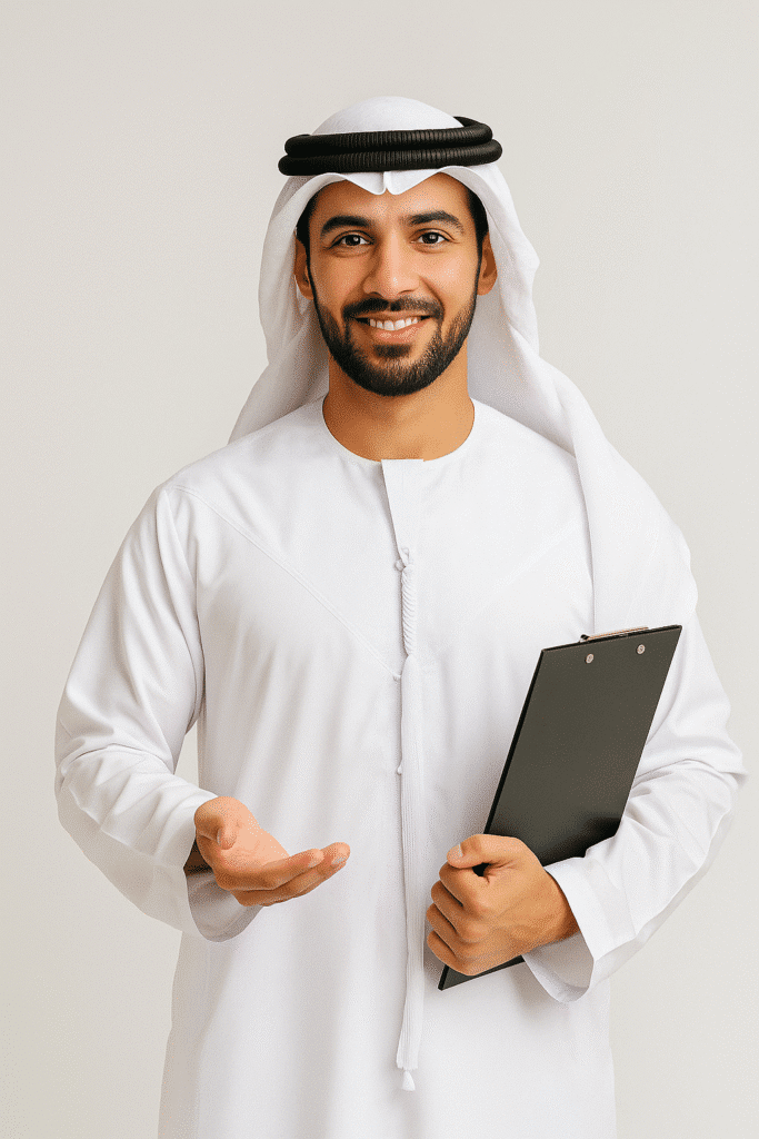 Emirati client reviewing monthly accounting packages in UAE with a financial advisor

